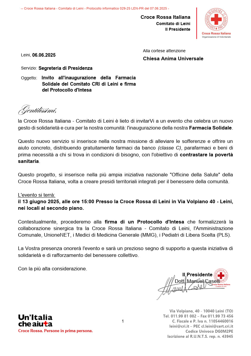 Lettera di invito della Croce Rossa Italiana